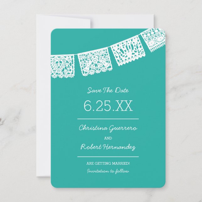Reserva La Fecha Papel Picado Bright Aqua | Boda Save The Date (Anverso)