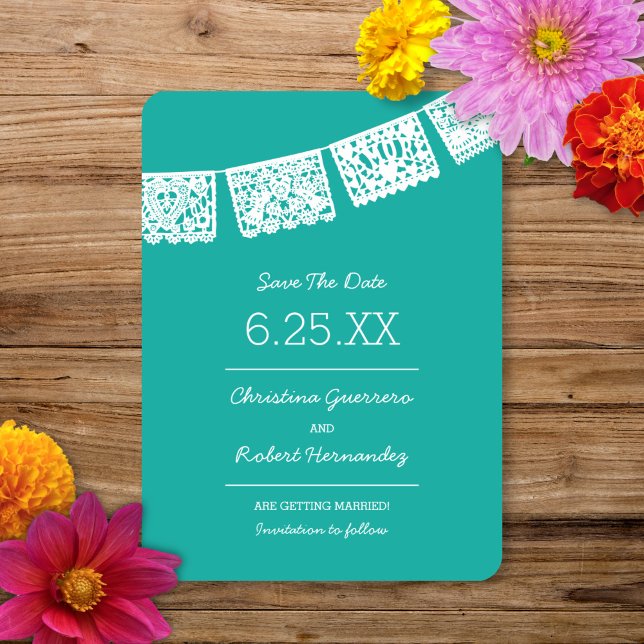 Reserva La Fecha Papel Picado Bright Aqua | Boda Save The Date (Subido por el creador)