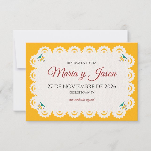 Reserva La Fecha Papel Picado Yellow Nuestra Boda Spanish Wedding (Anverso)