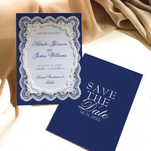 Reserva La Fecha Papel Royal Azul Encaje Doily Boda Antiguo Dinero