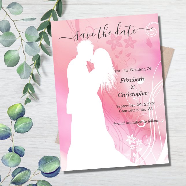 Reserva La Fecha Pareja de Besado de Silhouette Floral blanca rosa (Subido por el creador)