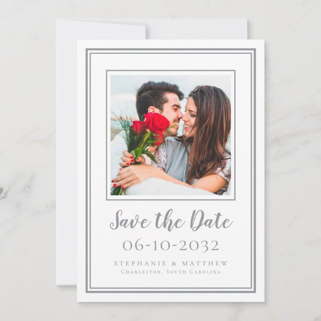 Reserva La Fecha Pareja de compromiso de boda moderna gris blanco (Anverso)