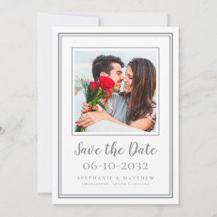 Reserva La Fecha Pareja de compromiso de boda moderna gris blanco
