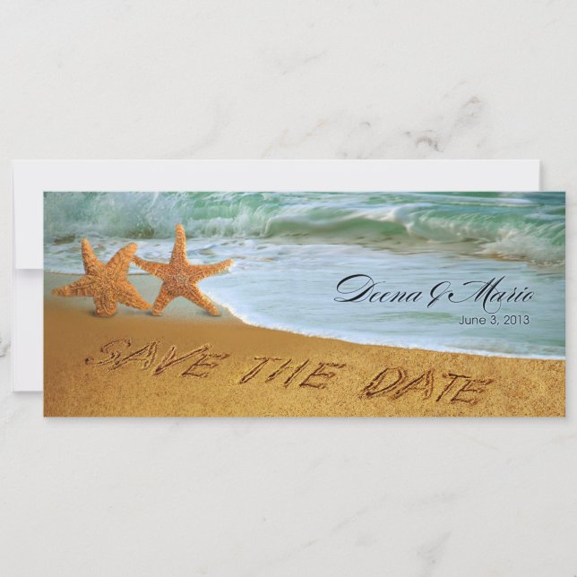 Reserva La Fecha Pareja de estrellas de mar en boda de playa Guarda (Anverso)