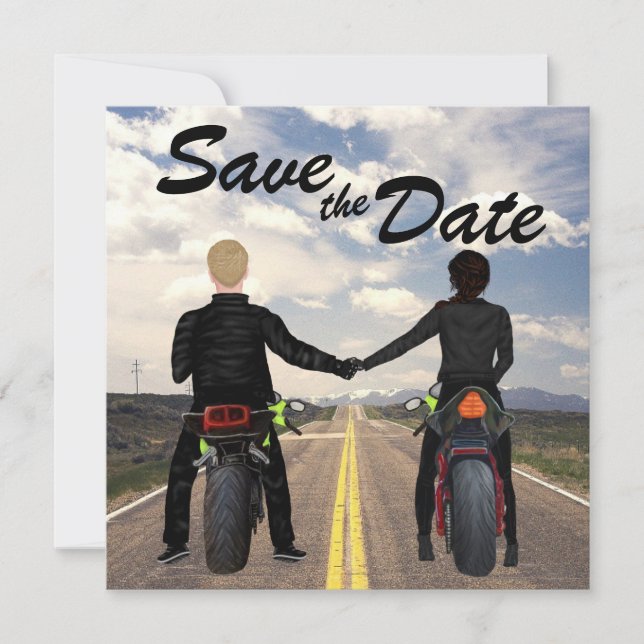 Reserva La Fecha Pareja de motocicletas Boda de caminos y campos (Anverso)