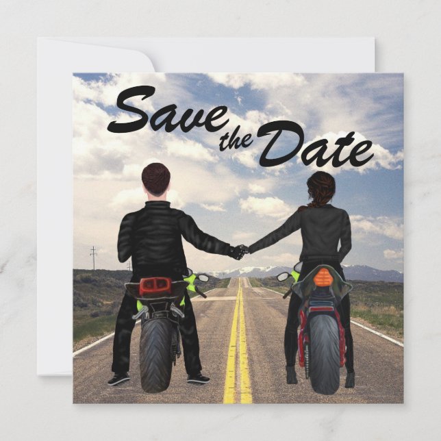Reserva La Fecha Pareja de motocicletas Boda de caminos y campos (Anverso)