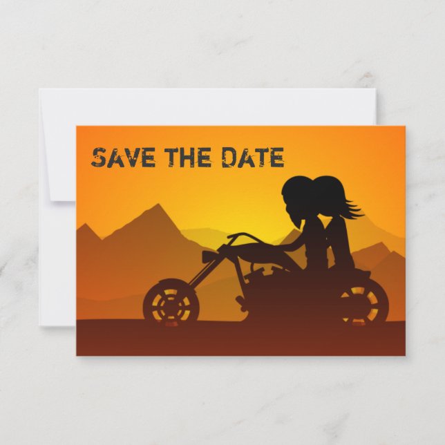 Reserva La Fecha Pareja de motocicletas, montañas y Boda Sunset (Anverso)