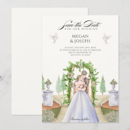 Reserva La Fecha Pareja de recién casados jardín acuarela