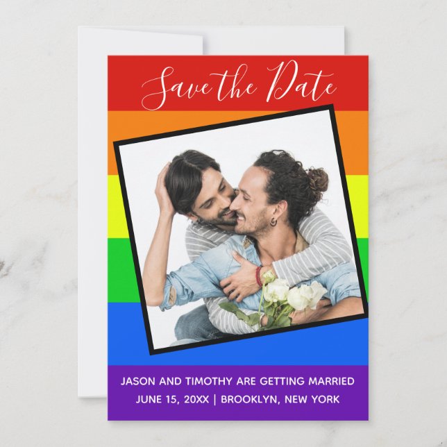 Reserva La Fecha Pareja del orgullo gay arcoiris Foto audaz Persona (Anverso)