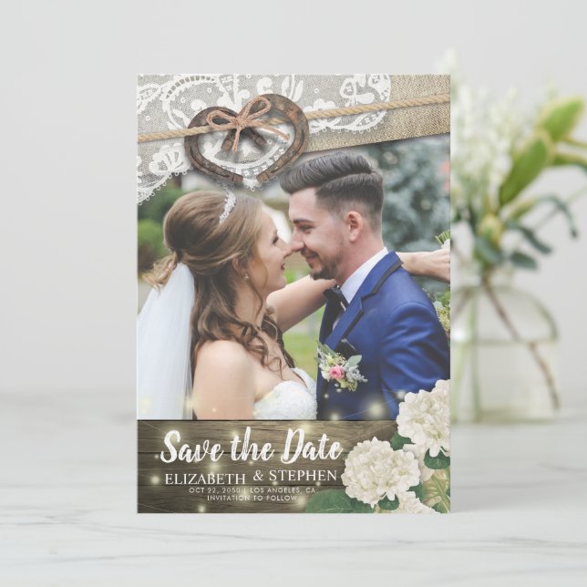 Reserva La Fecha Pareja Horseshoe Hidrangea Boda Save Date FOTO (Anverso de pie)