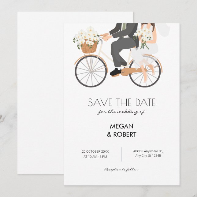 Reserva La Fecha Pareja romántica montando boda de bicicletas (Anverso / Reverso)
