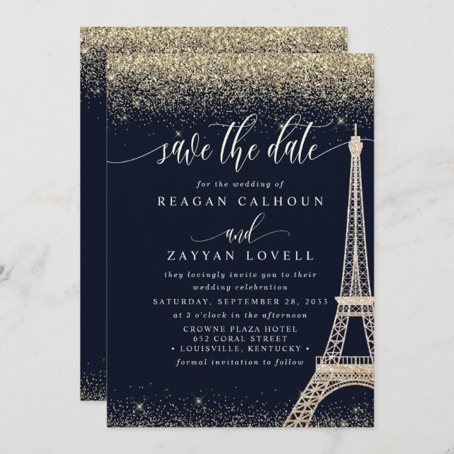 Reserva La Fecha Paris Eiffel Tower Navy Gold Save The Date Card (Anverso / Reverso)