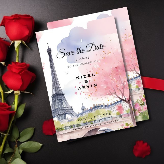 Reserva La Fecha París Francia Romántica acuarela Rosa Torre Eiffel (Subido por el creador)