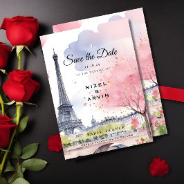 Reserva La Fecha París Francia Romántico Acuarela Torre Eiffel Rosa