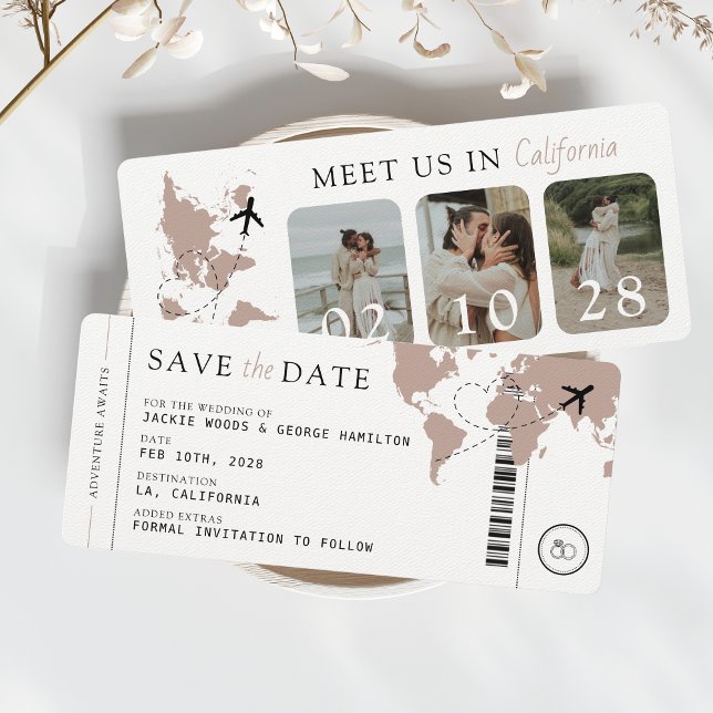 Reserva La Fecha Pasado de abordaje Beige Neutral 3 Fotos Boda (Save the Date Unique Boarding Pass with 3 Photos Perfect for Destination Wedding Passport Travel)