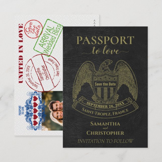 Reserva La Fecha Pasaporte al amor Destino de boda divertido Negro (Anverso / Reverso)
