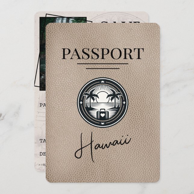 Reserva La Fecha Pasaporte Beige de Hawái Save The Date (Anverso / Reverso)