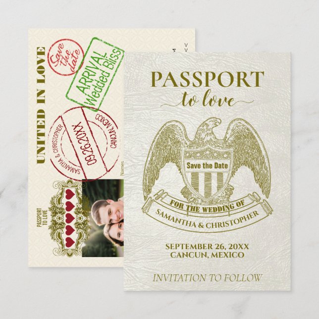 Reserva La Fecha Pasaporte Blanco al Amor Diversión Boda Destino (Anverso / Reverso)