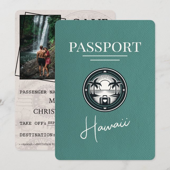 Reserva La Fecha Pasaporte de Hawái Turquesa Save The Date (Anverso / Reverso)