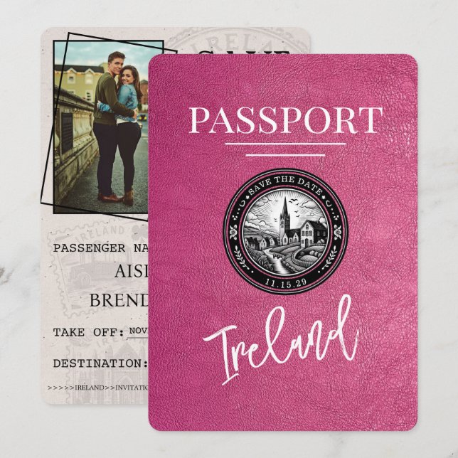 Reserva La Fecha Pasaporte de Irlanda rosa Magenta Salve la fecha (Anverso / Reverso)