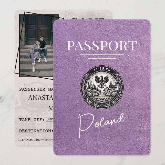 Reserva La Fecha Pasaporte de Lavender Purple Poland Save the Date (Anverso / Reverso)