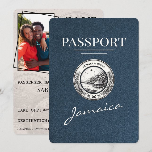Reserva La Fecha Pasaporte de Navy Blue Jamaica Salva la fecha (Anverso / Reverso)