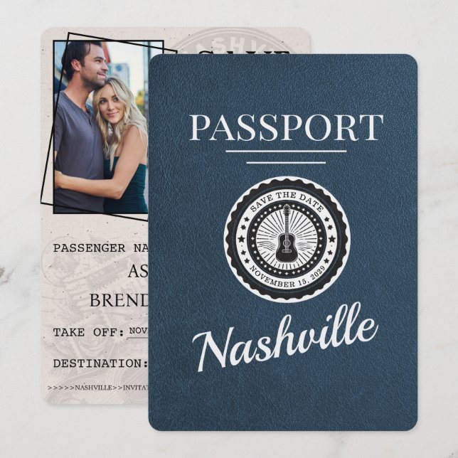 Reserva La Fecha Pasaporte de Navy Blue Nashville Guardar La Fecha (Anverso / Reverso)