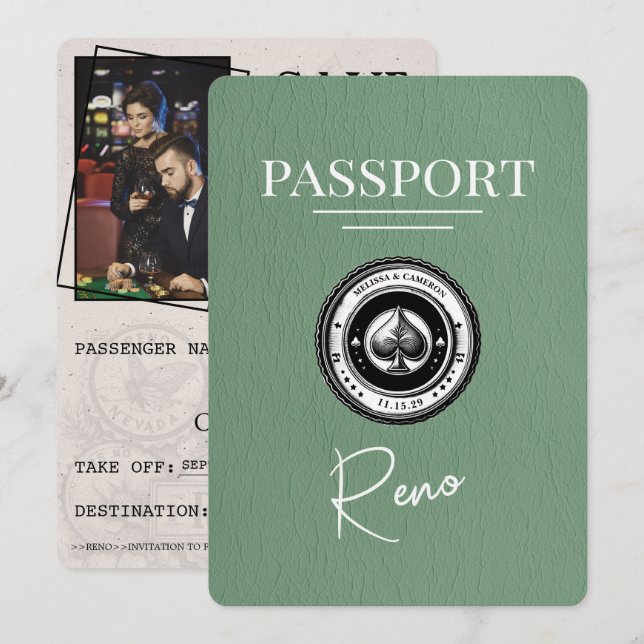 Reserva La Fecha Pasaporte de Reno Verde Salvia Save The Date (Anverso / Reverso)