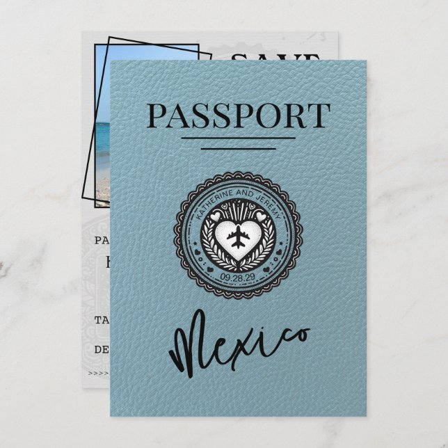 Reserva La Fecha Pasaporte de Slate Blue Mexico Save the Date (Anverso / Reverso)
