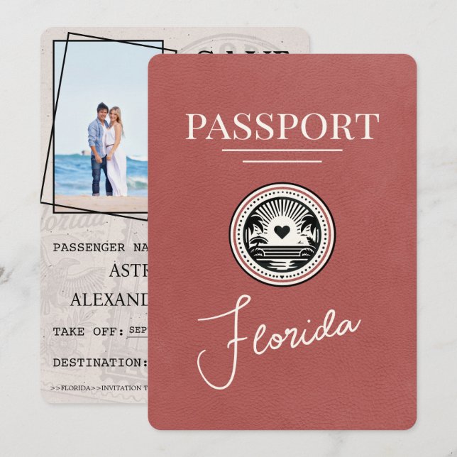 Reserva La Fecha Pasaporte ligero de Burdeos Florida Save The Date (Anverso / Reverso)