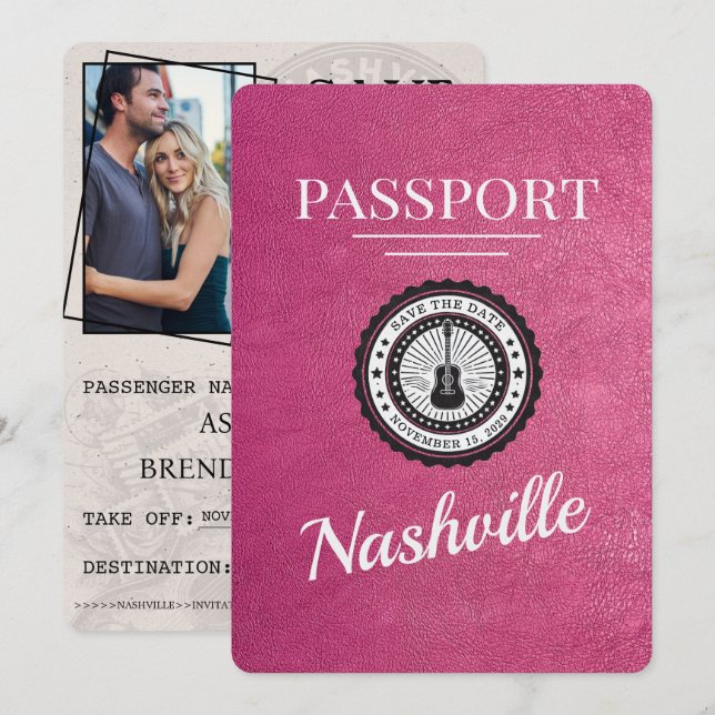 Reserva La Fecha Pasaporte Magenta Pink Nashville Guardar La Fecha (Anverso / Reverso)