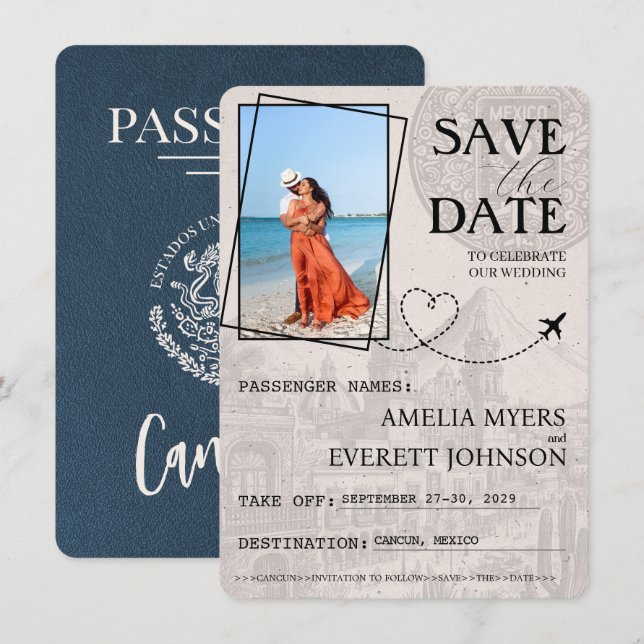 Reserva La Fecha Pasaporte Navy Blue Cancun Salva La Fecha (Anverso / Reverso)