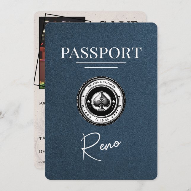 Reserva La Fecha Pasaporte Navy Blue Reno Save the Date (Anverso / Reverso)