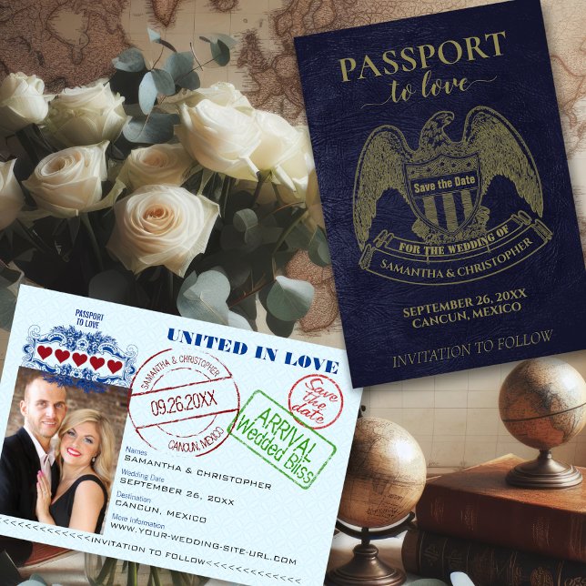 Reserva La Fecha Pasaporte para amar la boda de destino divertida (Front and Back)