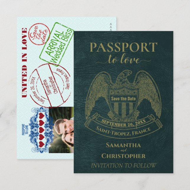 Reserva La Fecha Pasaporte para amar una boda de destino divertida  (Anverso / Reverso)