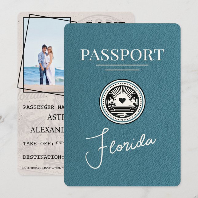 Reserva La Fecha Pasaporte verde azulado de Florida Salve La Fecha (Anverso / Reverso)