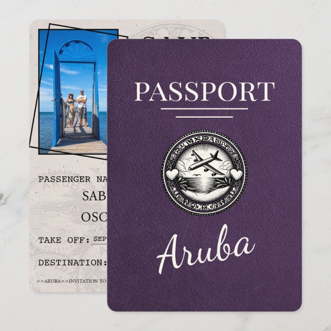 Reserva La Fecha Pasaporte violeta púrpura de Aruba Guardar La Fech (Anverso / Reverso)