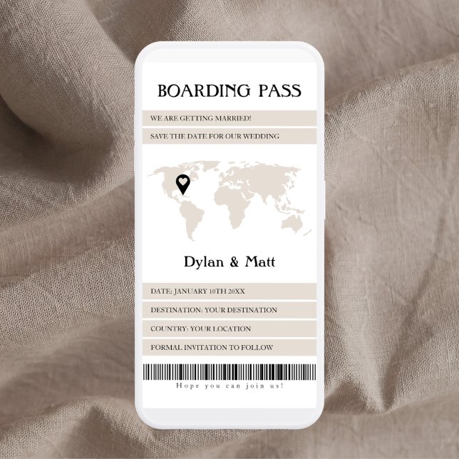 Reserva La Fecha Paso de embarque electrónico Beige de destino (boarding pass save the date electronic boarding pass destination wedding light beige)
