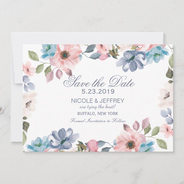 Reserva La Fecha Pastel Blue Pink Purple Wedding Save the Date (Anverso)