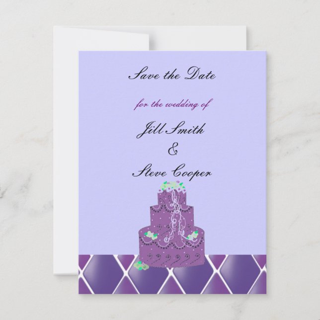 Reserva La Fecha Pastel de Boda Morado Guardar la Fecha (Anverso)