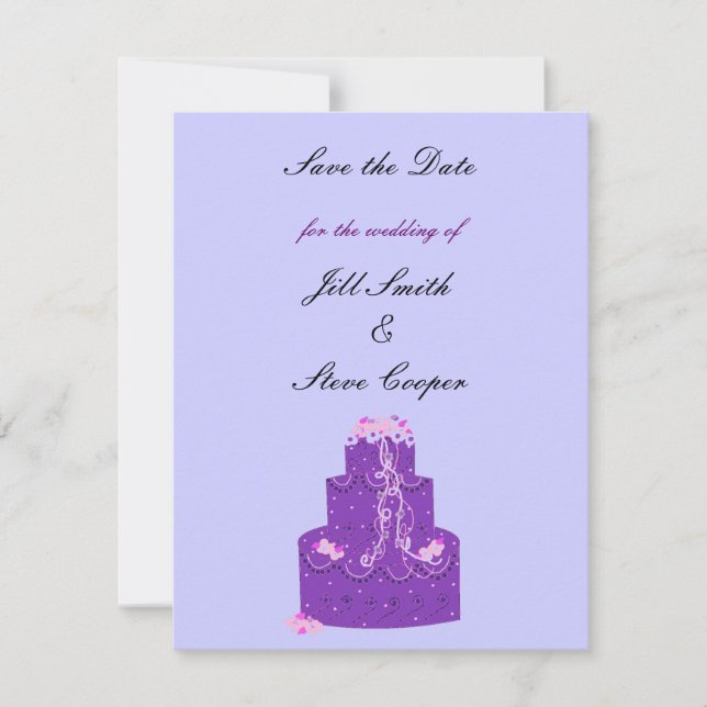 Reserva La Fecha Pastel de Boda Morado Guardar la Fecha (Anverso)