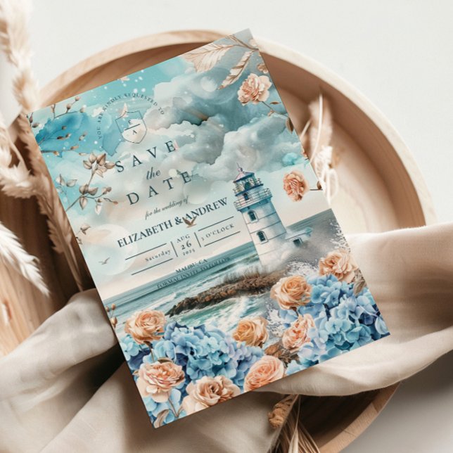Reserva La Fecha Pastel Faro Costero Océano Boda (Subido por el creador)