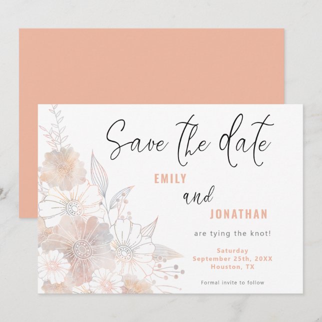 Reserva La Fecha Pastel Florals Boda Coral Guardar La Fecha (Anverso / Reverso)