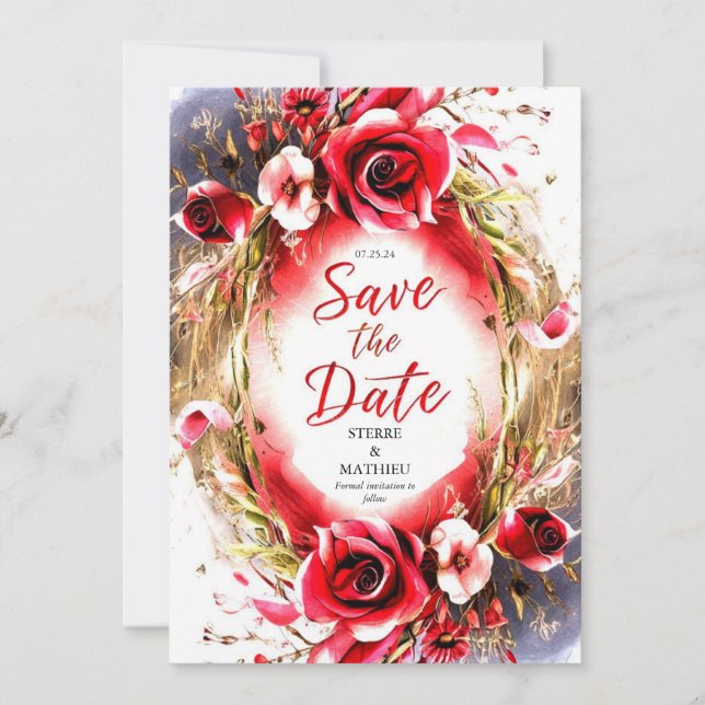 Reserva La Fecha Pastel Love Crimson Red Roses Boda (Anverso)