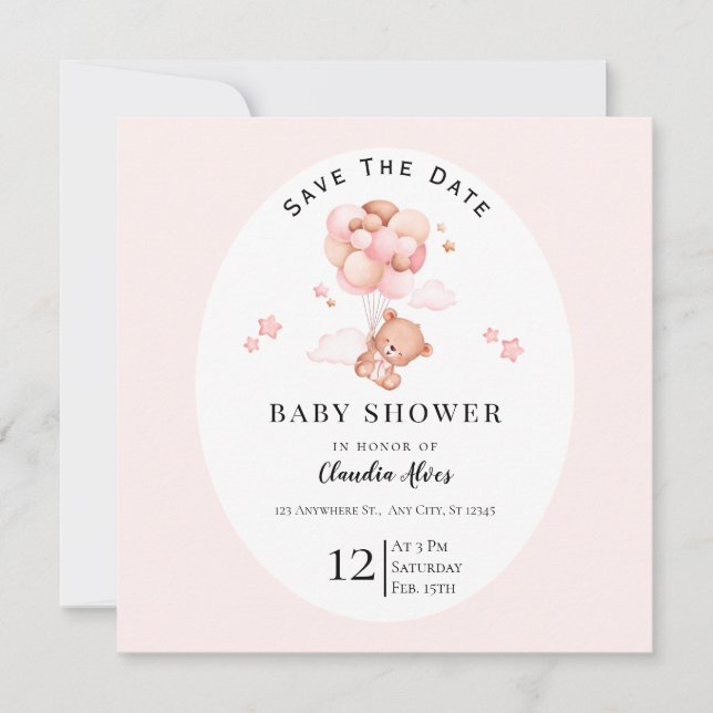 Reserva La Fecha Pastel Pink Floral Baby Shower Guardar La Fecha (Anverso)