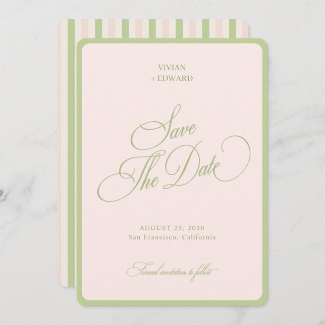 Reserva La Fecha Pastel Pink & Green Stripes Border Retro Wedding (Anverso / Reverso)