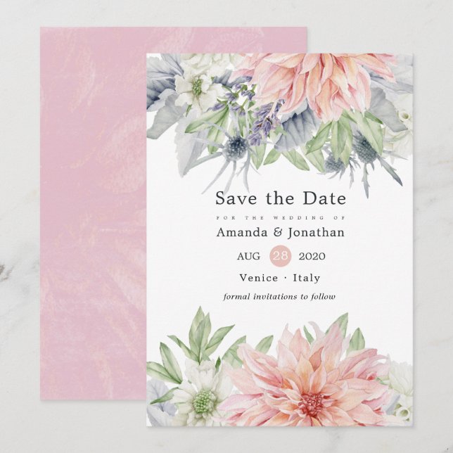 Reserva La Fecha Pastel Rubor Pink Dahlia Wedding Save The Date (Anverso / Reverso)