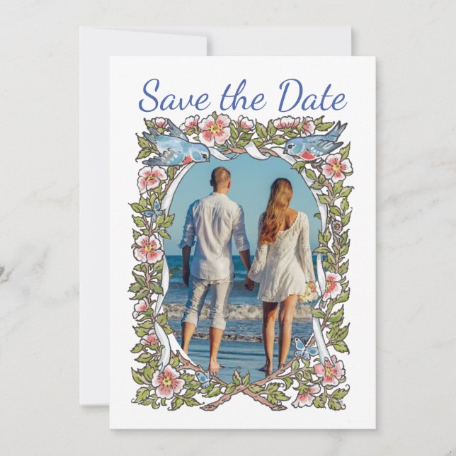 Reserva La Fecha Pastel Wildflower Floral Bird Foto Boda (Anverso)