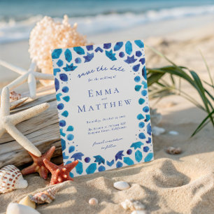Reserva La Fecha Patrón de Baldosa Azul Mediterráneo para Boda QR