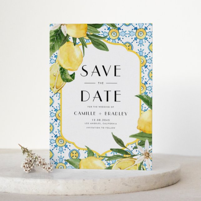 Reserva La Fecha Patrón de limón acuarela y mosaico marroquí (Watercolor Lemon and Moroccan Tile Pattern Save The Date Announcement Card)